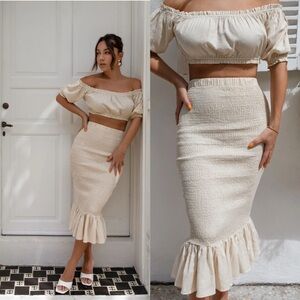 NWOT Petal & Pup Tan Beige High Waist Smocked Bodycon Midi Skirt Ruffled Hem XS